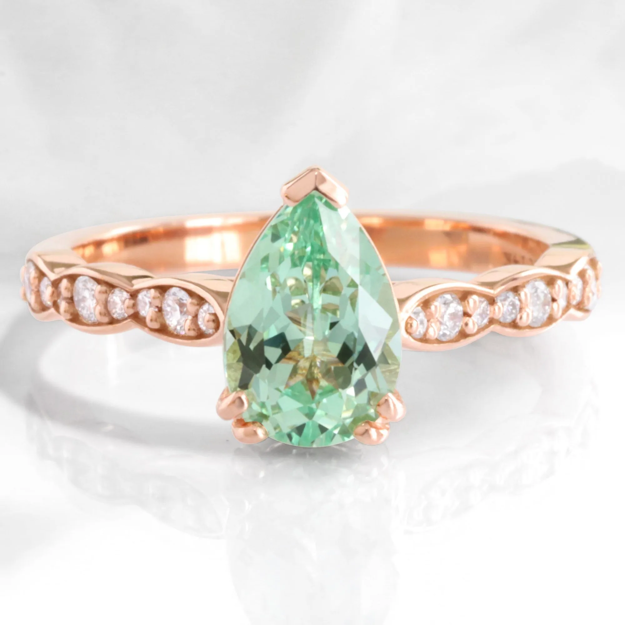 Pear Seafoam Green Sapphire Ring in Grace Solitaire Diamond Scalloped Band