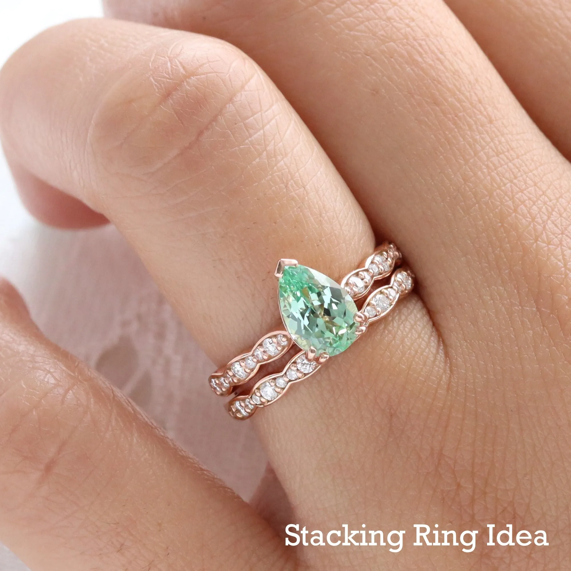 Pear Seafoam Green Sapphire Ring in Grace Solitaire Diamond Scalloped Band