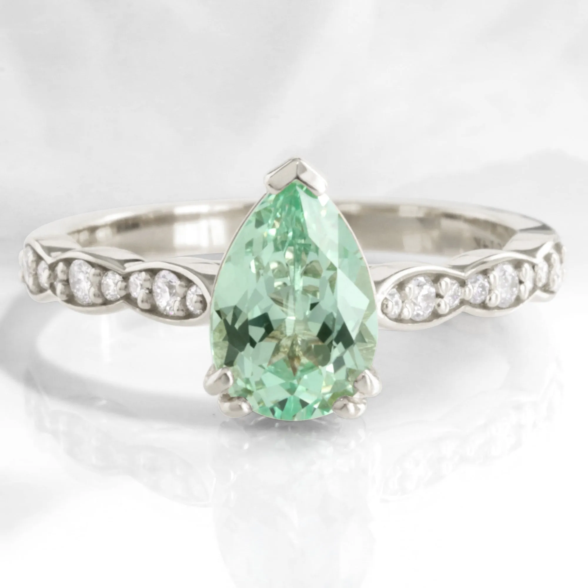 Pear Seafoam Green Sapphire Ring in Grace Solitaire Diamond Scalloped Band