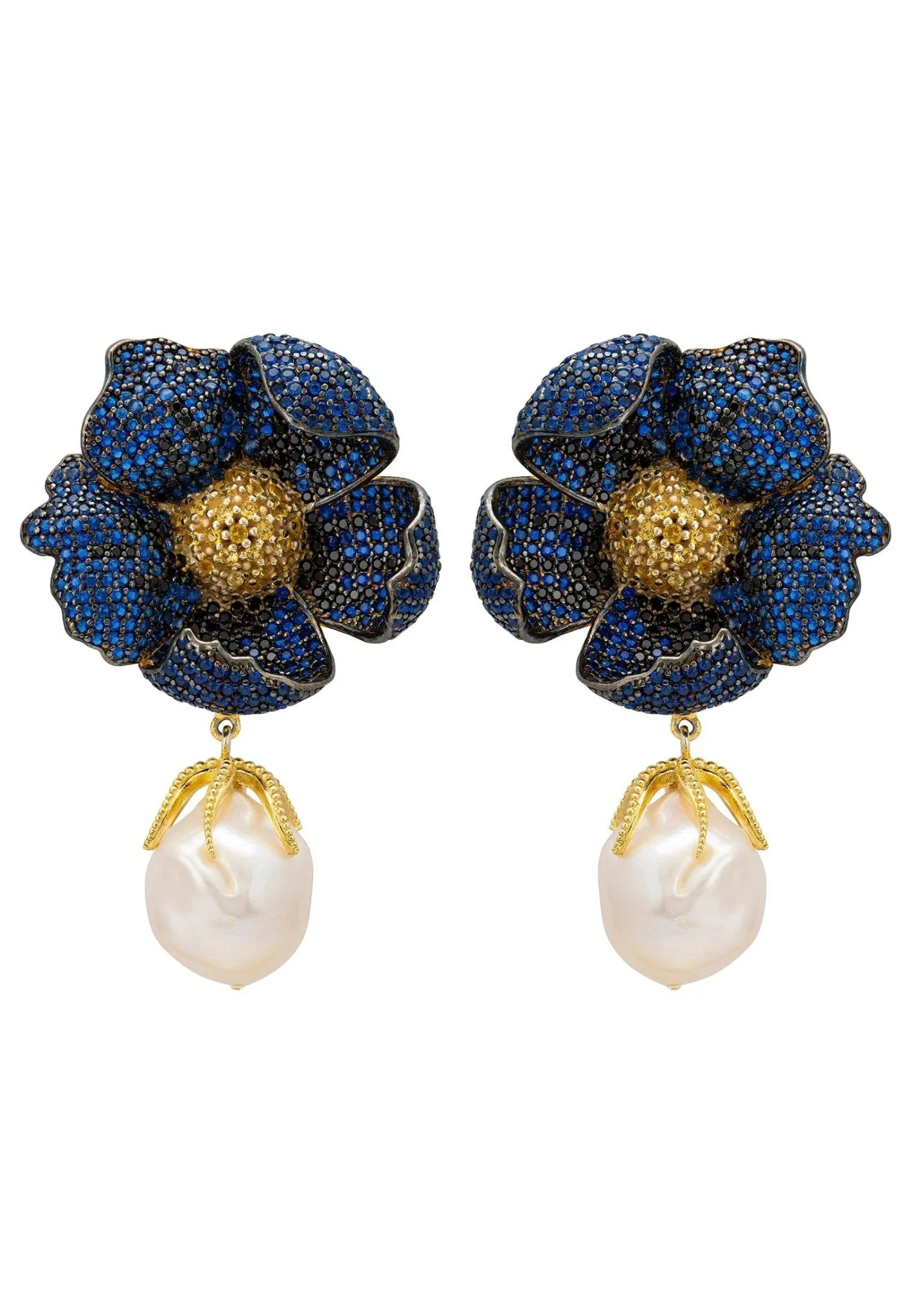 Poppy Flower Baroque Pearl Earrings Sapphire Blue Gold