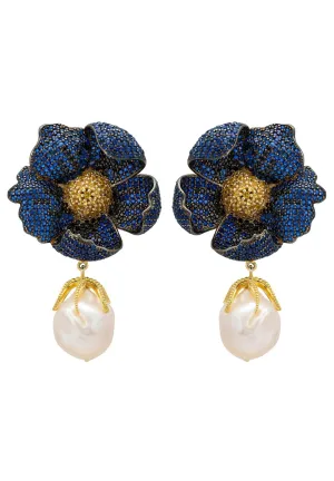 Poppy Flower Baroque Pearl Earrings Sapphire Blue Gold