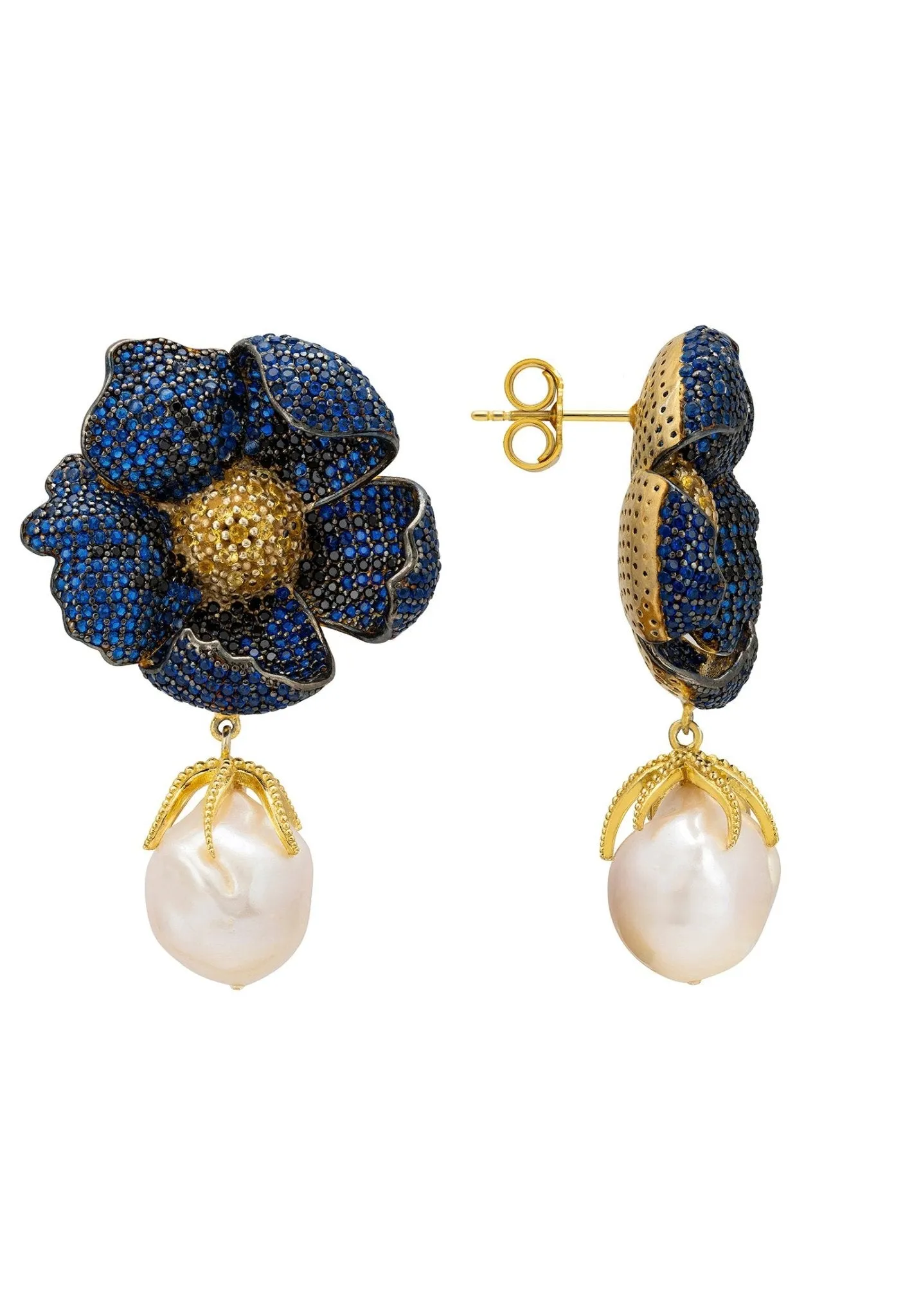 Poppy Flower Baroque Pearl Earrings Sapphire Blue Gold