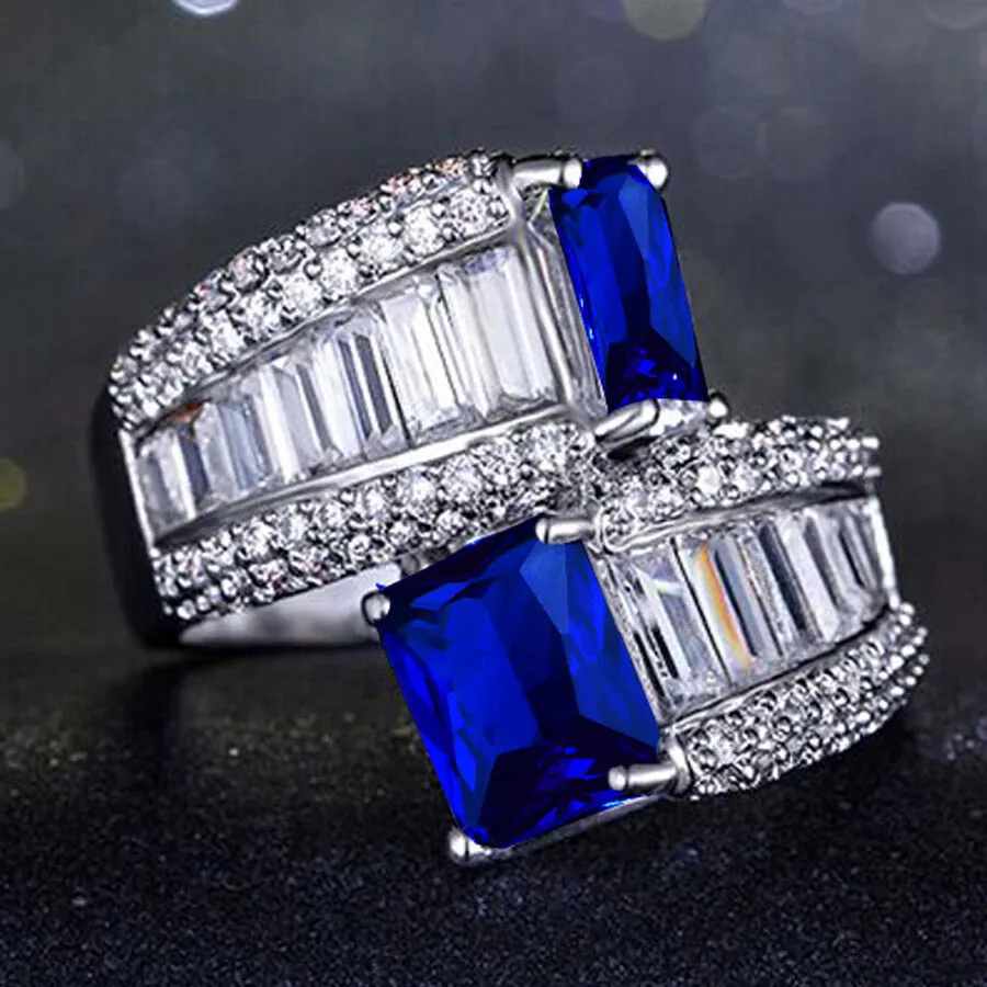 Princess Cut 4.9CT Blue Sapphire CZ Crossover Cocktail Ring