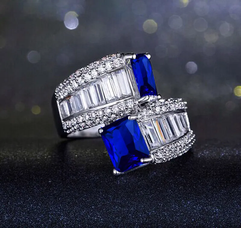 Princess Cut 4.9CT Blue Sapphire CZ Crossover Cocktail Ring