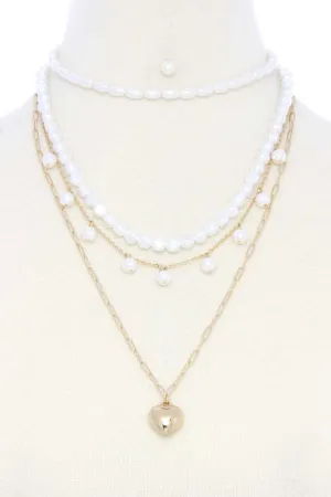 Puffy Heart Charm Pearl Bead Layered Necklace