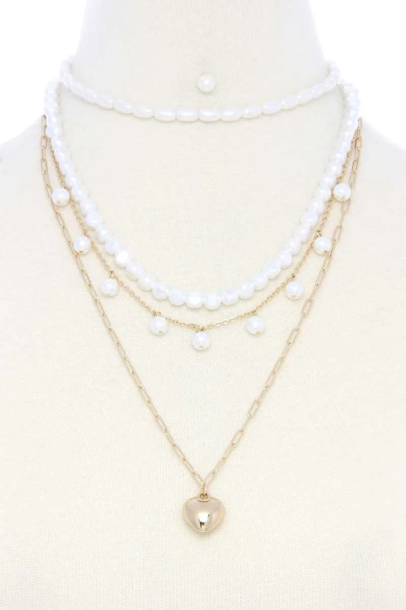 Puffy Heart Charm Pearl Bead Layered Necklace