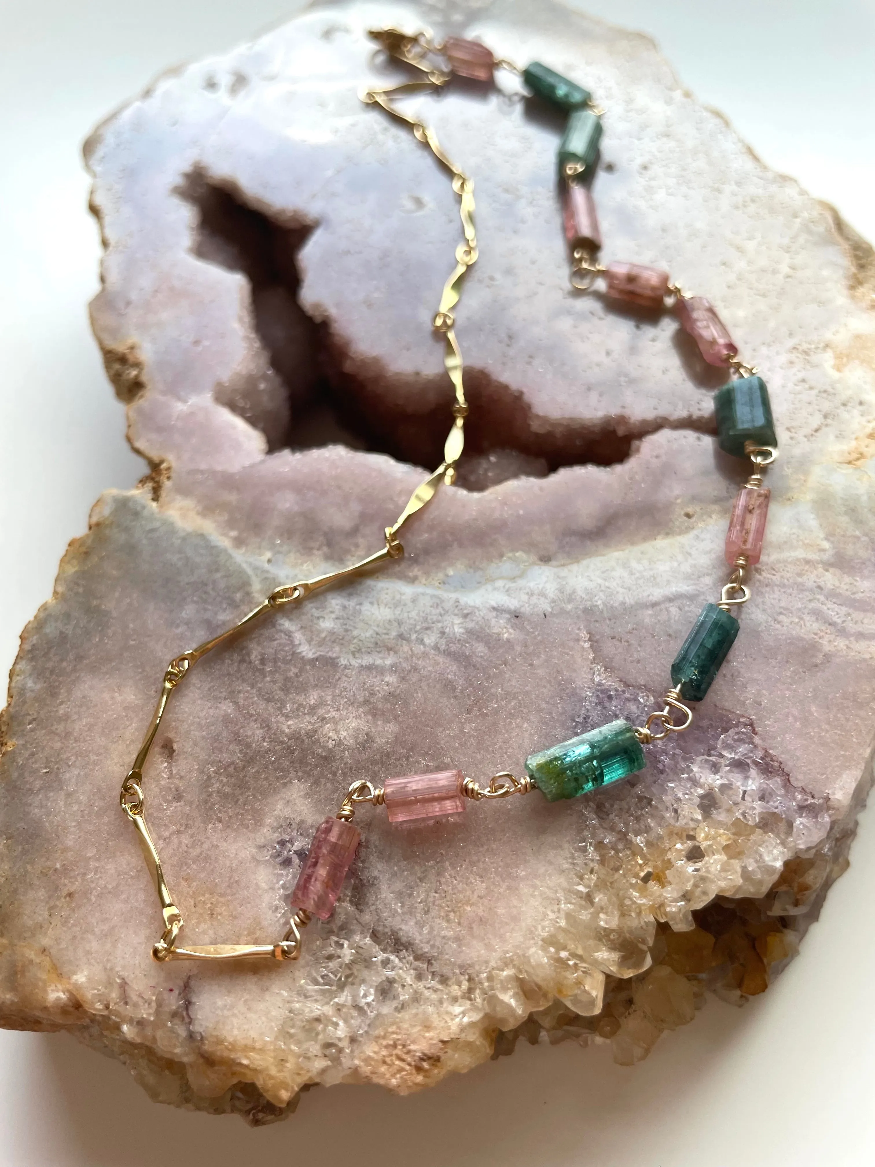 Raw Watermelon Tourmaline Necklace Gold Half and Half Necklace