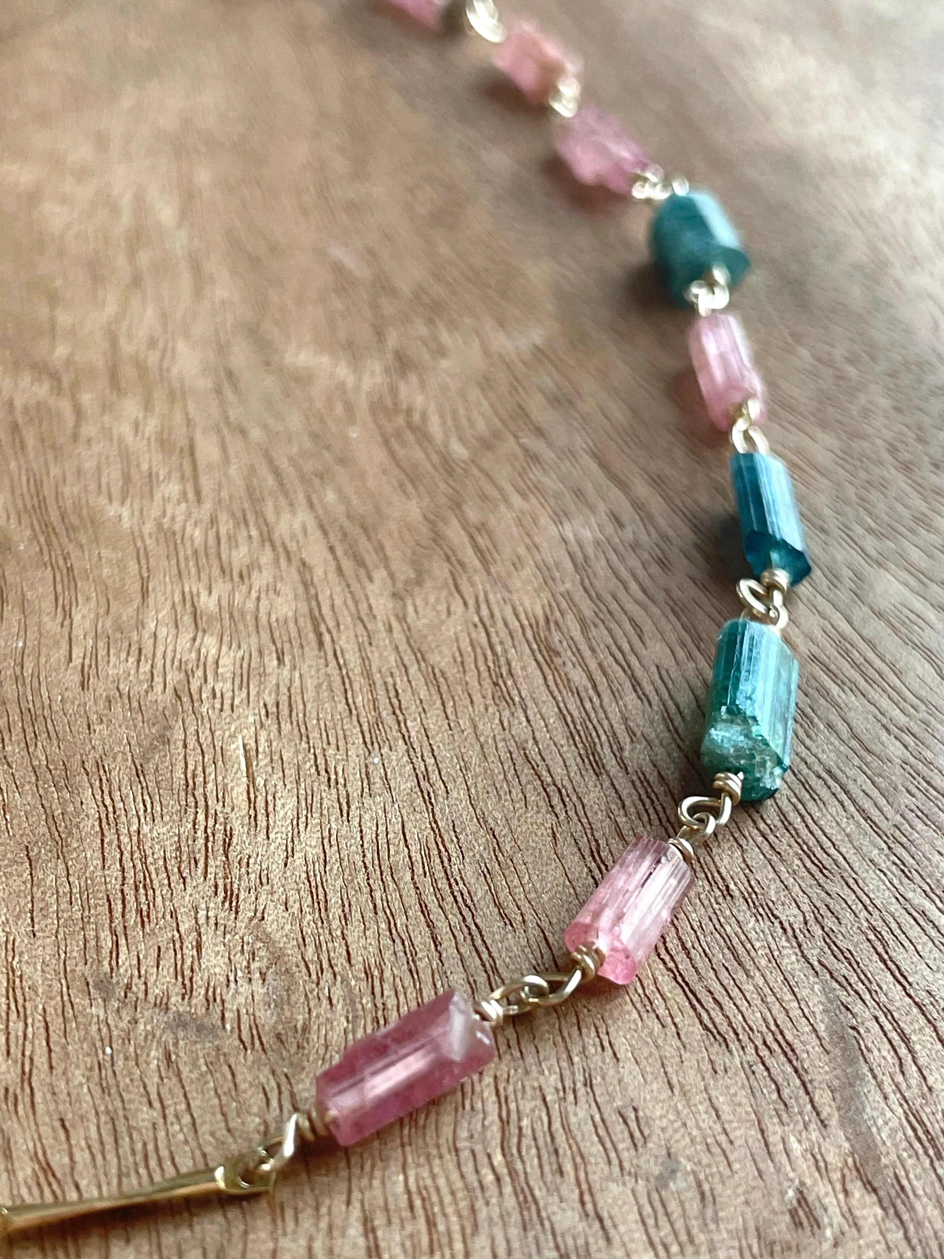 Raw Watermelon Tourmaline Necklace Gold Half and Half Necklace