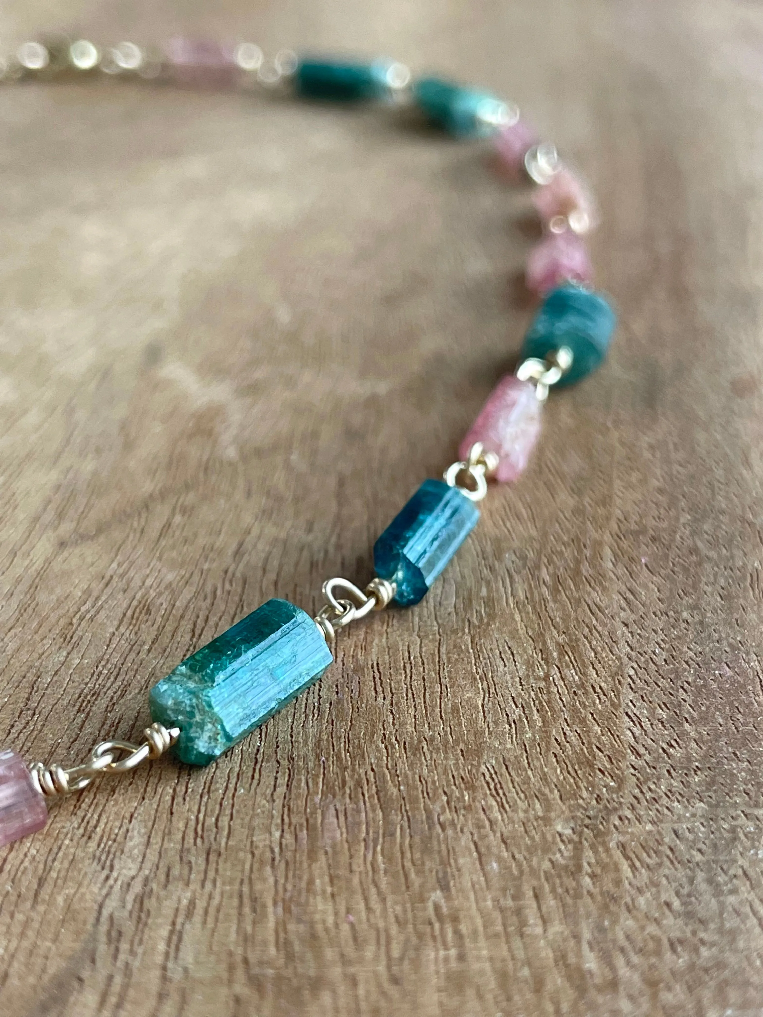 Raw Watermelon Tourmaline Necklace Gold Half and Half Necklace