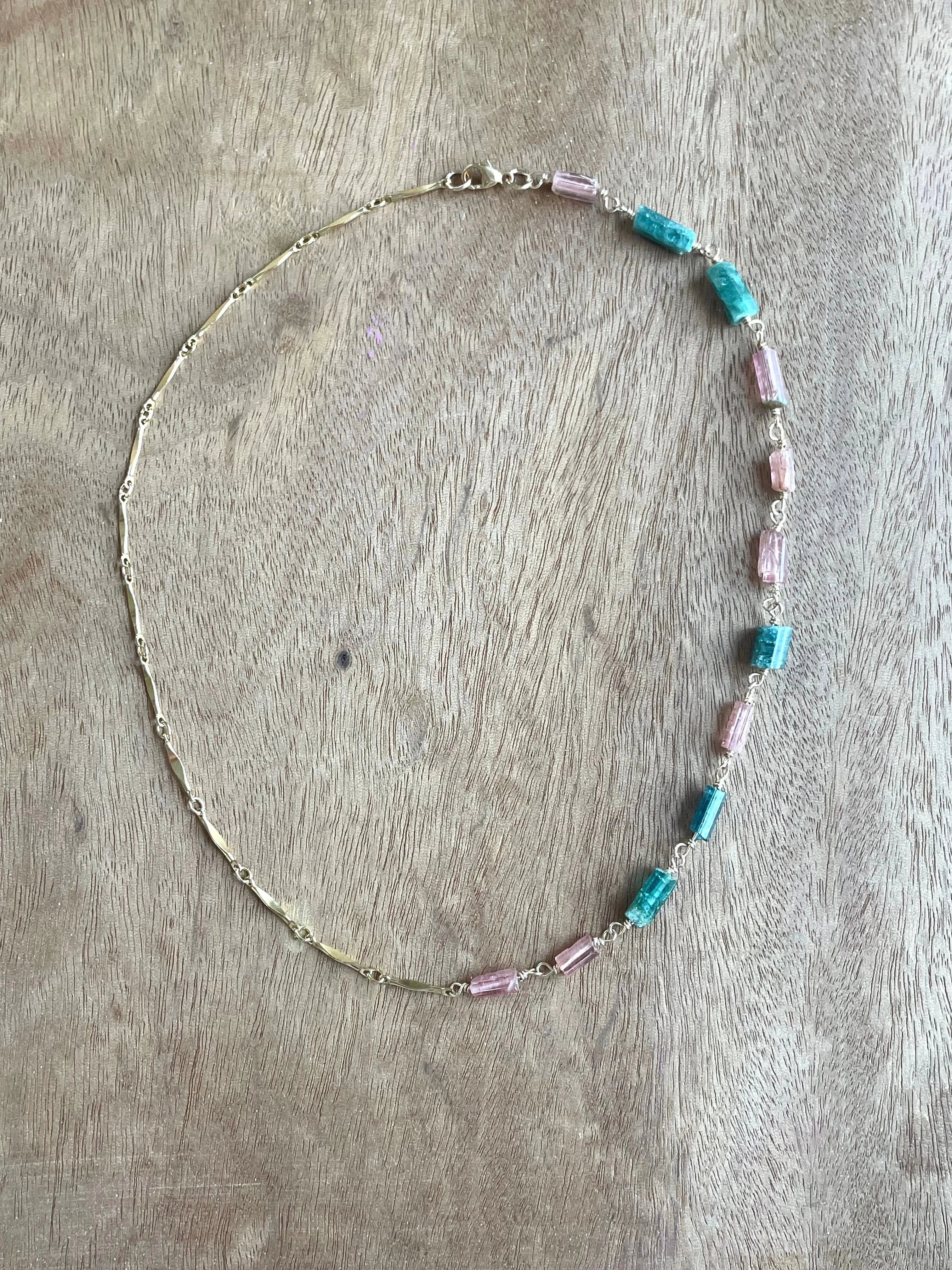 Raw Watermelon Tourmaline Necklace Gold Half and Half Necklace