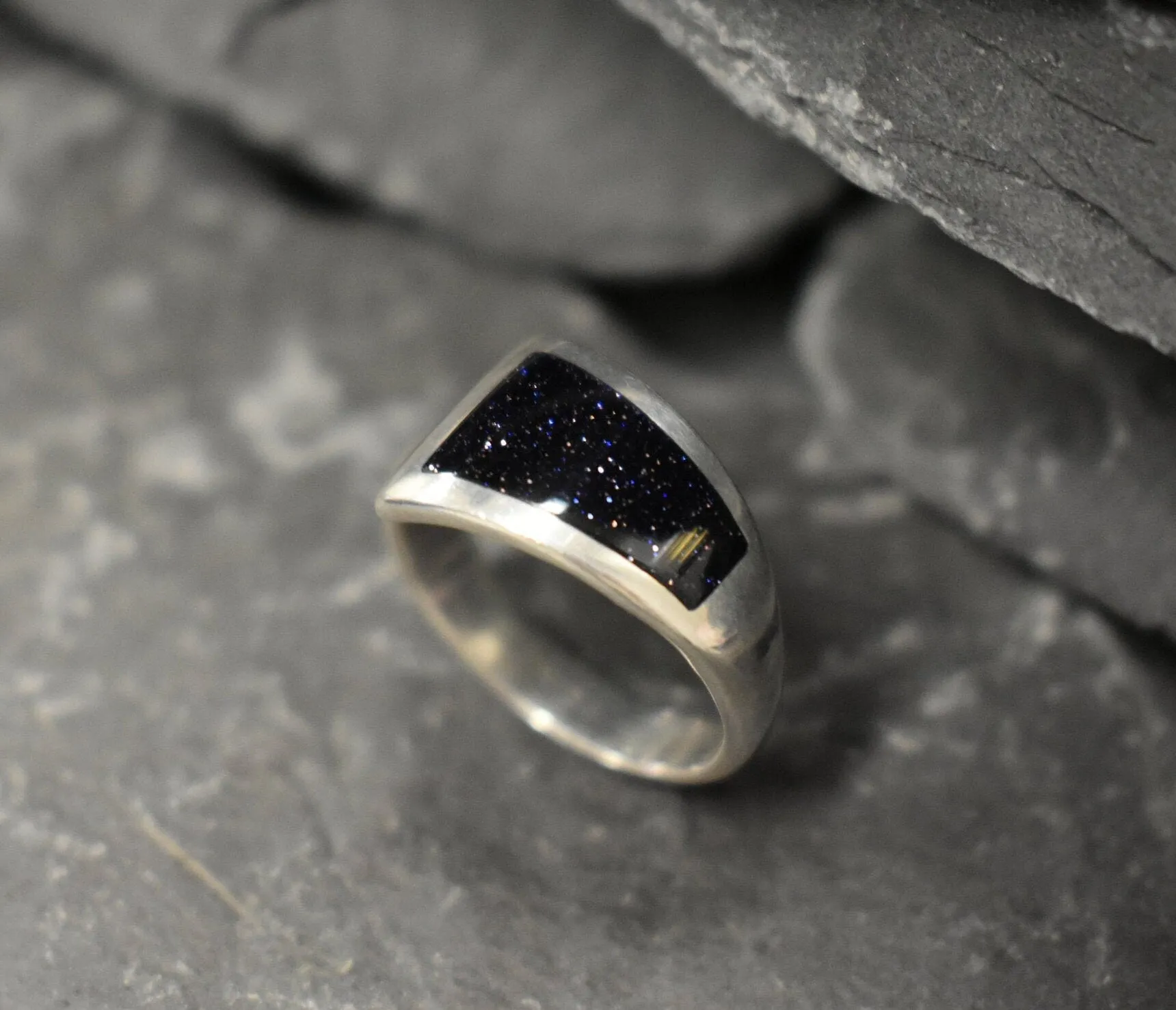 Real Sandstone Ring - Dark Blue Ring - Wide Band Ring