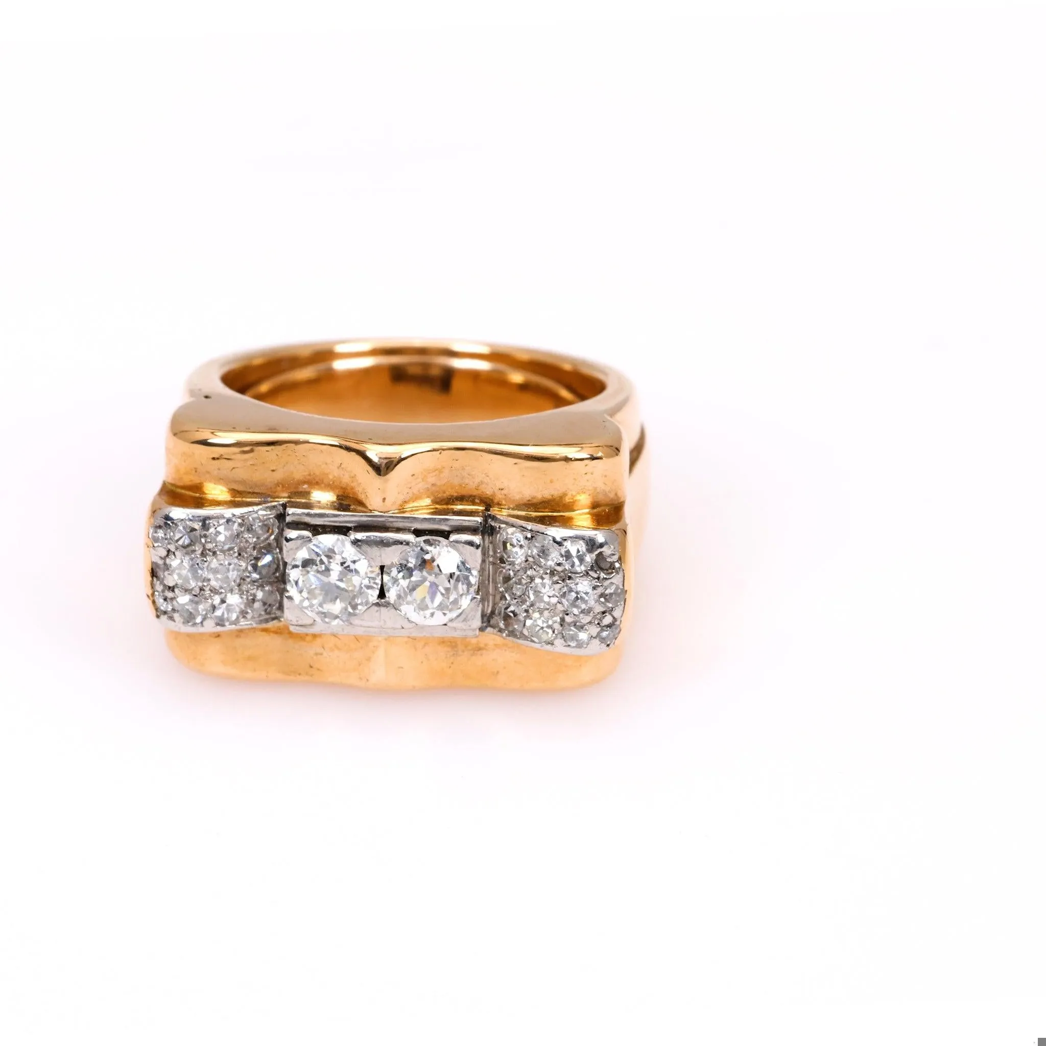 Retro French Diamond 18k Rose Gold Platinum Tank Ring