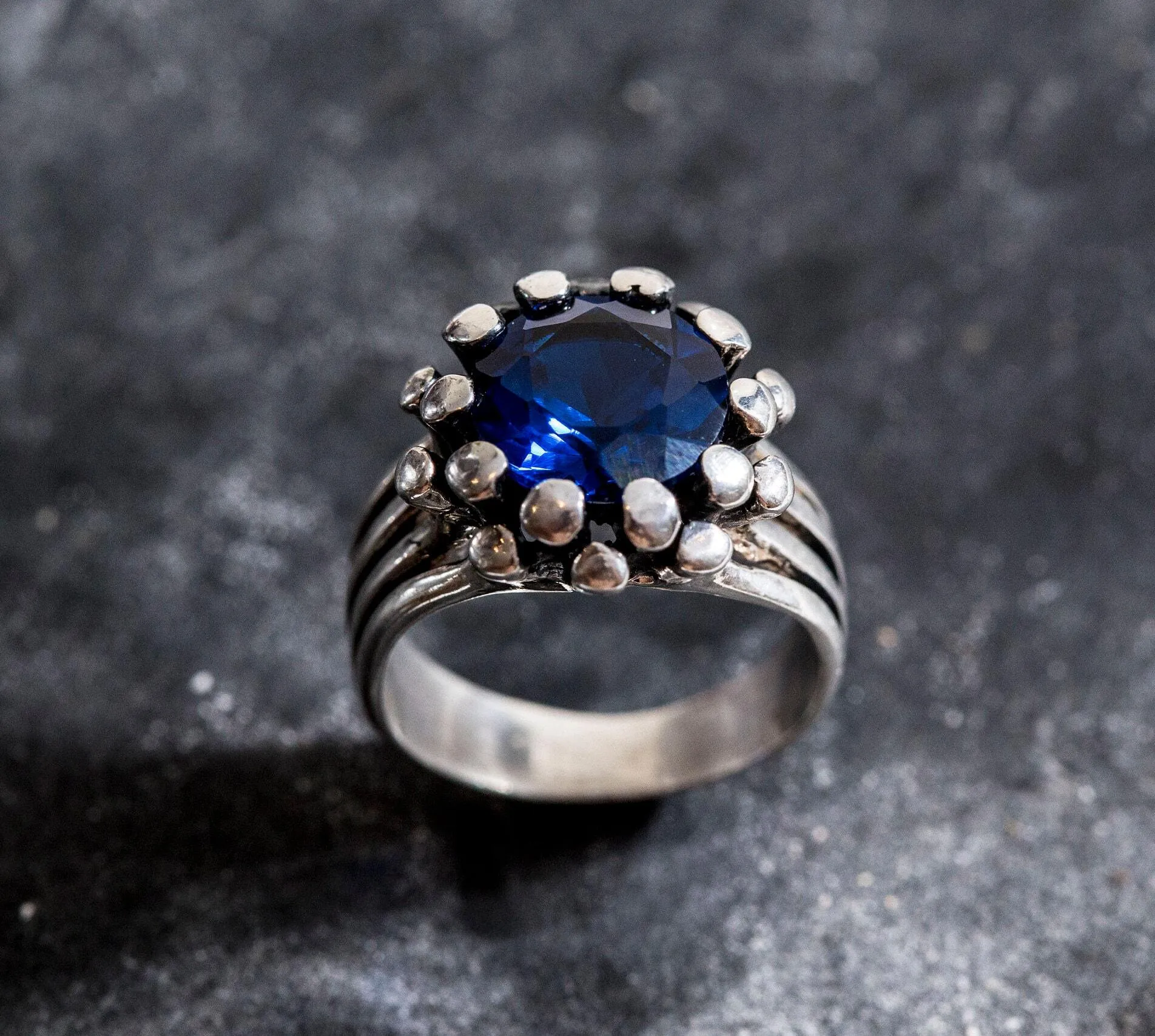 Sapphire Statement Ring - Blue Flower Ring - Sapphire Silver Ring