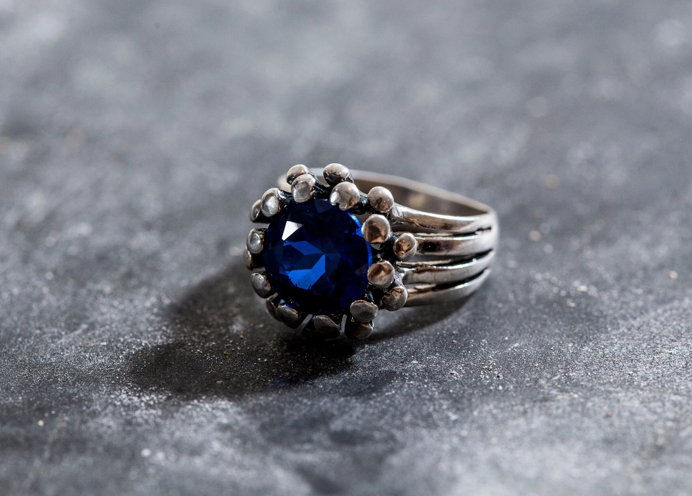 Sapphire Statement Ring - Blue Flower Ring - Sapphire Silver Ring