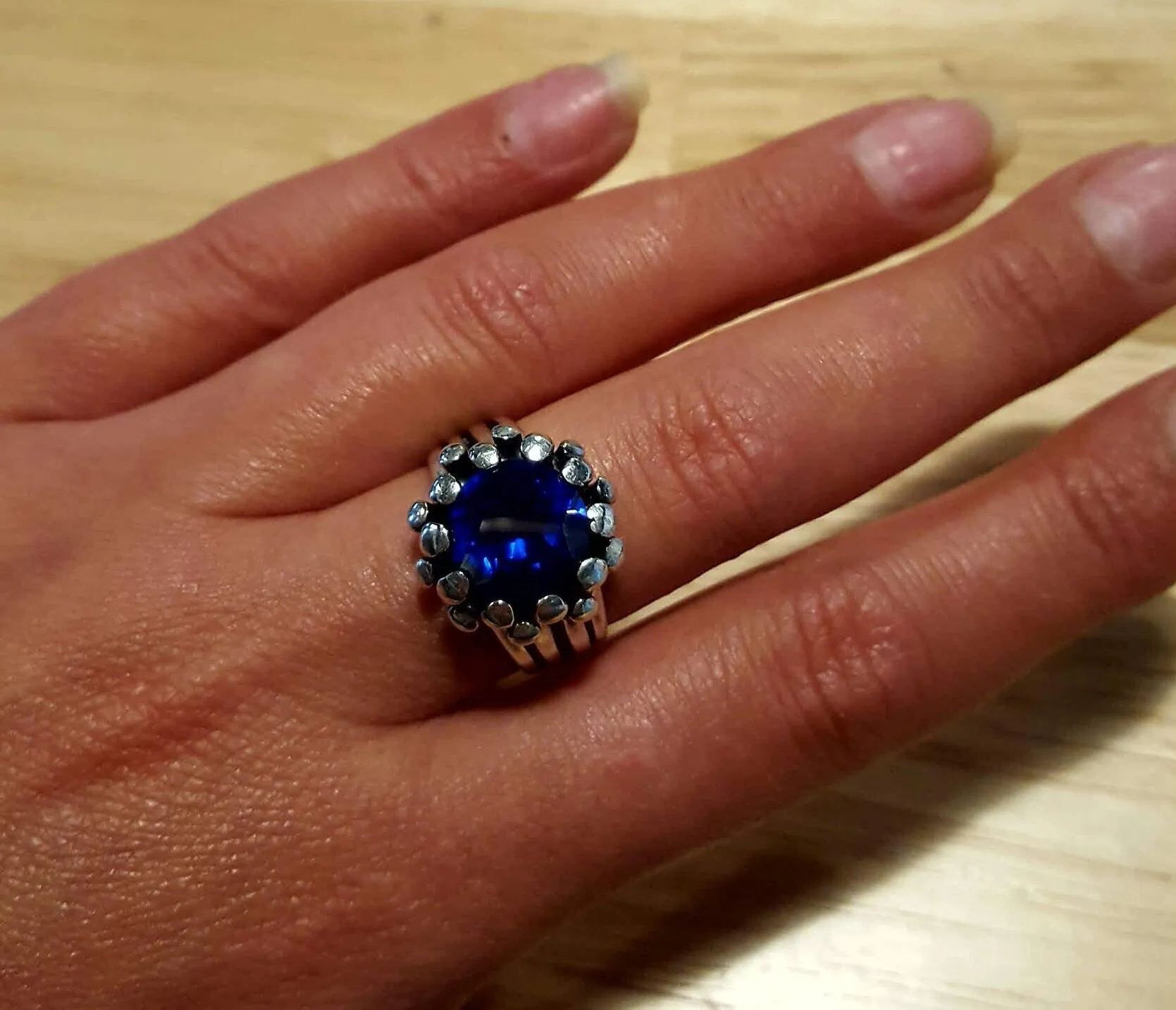 Sapphire Statement Ring - Blue Flower Ring - Sapphire Silver Ring