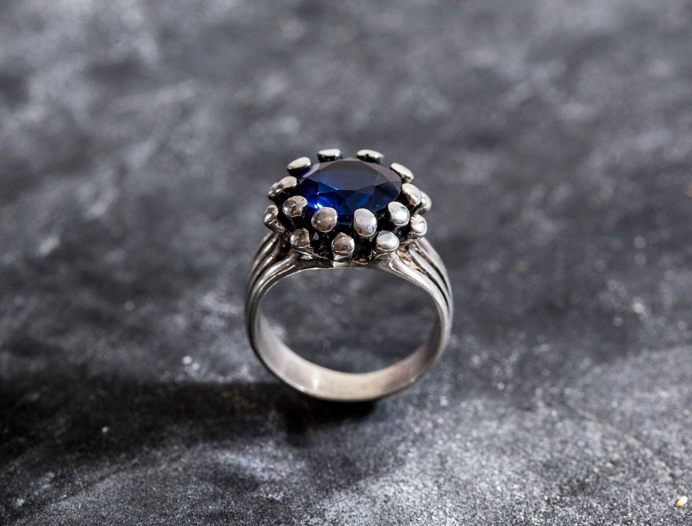 Sapphire Statement Ring - Blue Flower Ring - Sapphire Silver Ring