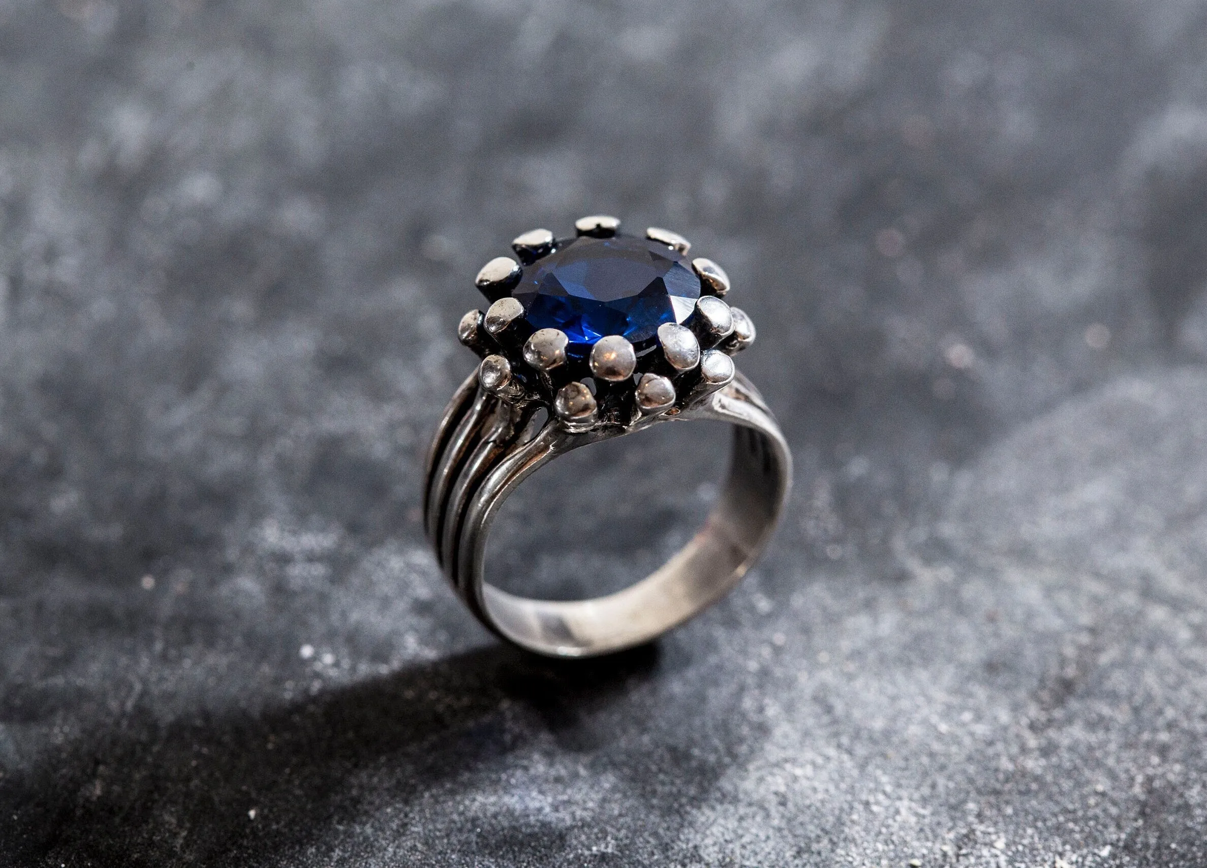 Sapphire Statement Ring - Blue Flower Ring - Sapphire Silver Ring