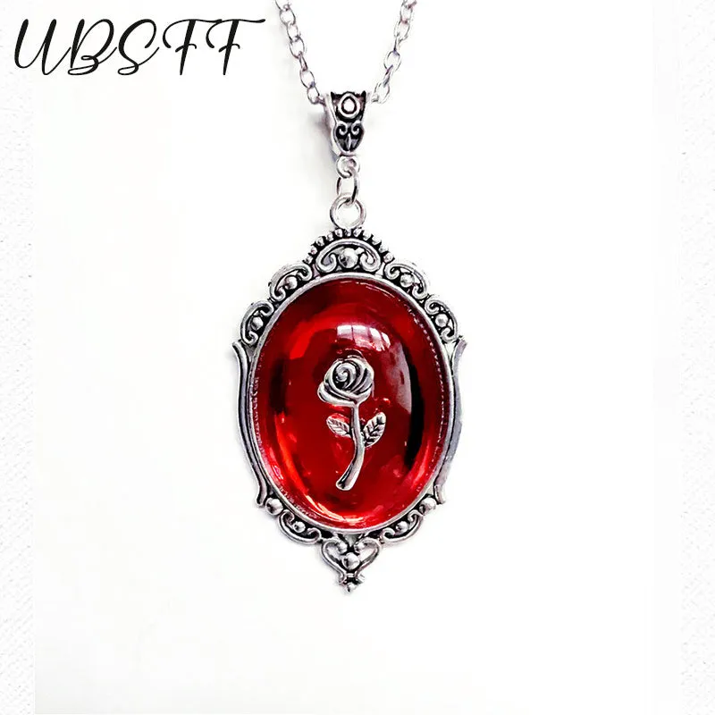 Silver Cameo Necklace w/ Red Backing and Silver Rose Detail