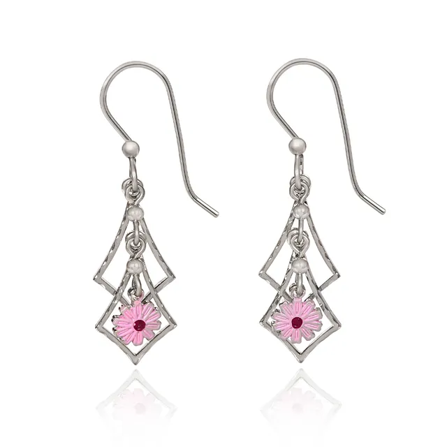 Silver Forest Earrings Diamond Cascade with Pink Flower Drop