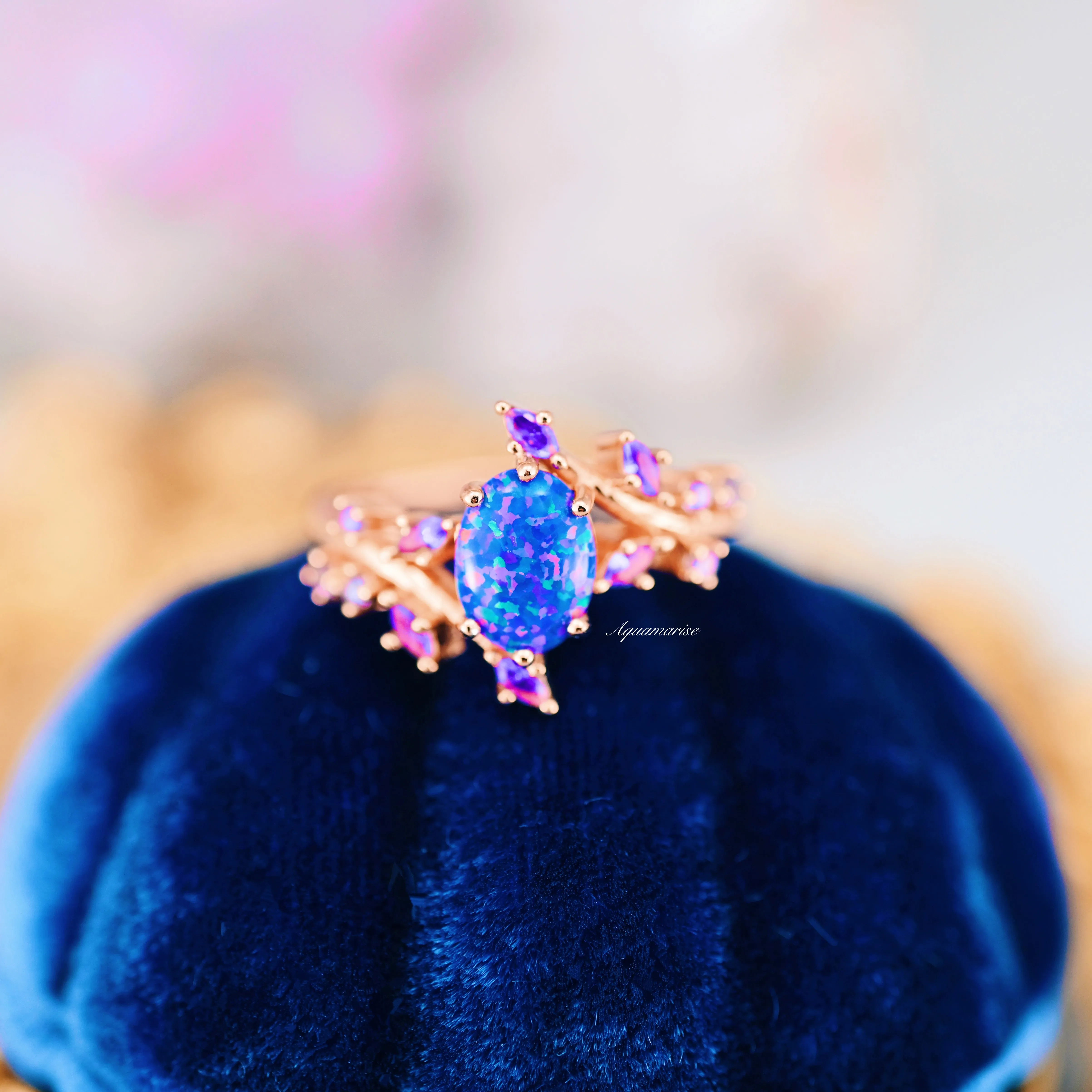 Starry Night Van Gogh Blue Fire Opal & Cornflower Sapphire Ring- 14K Rose Gold Vermeil