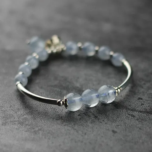 Sterling Silver Aquamarine Beaded Bracelet Handmade Jewelry for Women