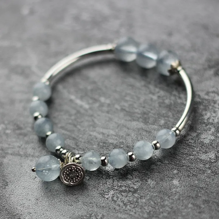 Sterling Silver Aquamarine Beaded Bracelet Handmade Jewelry for Women