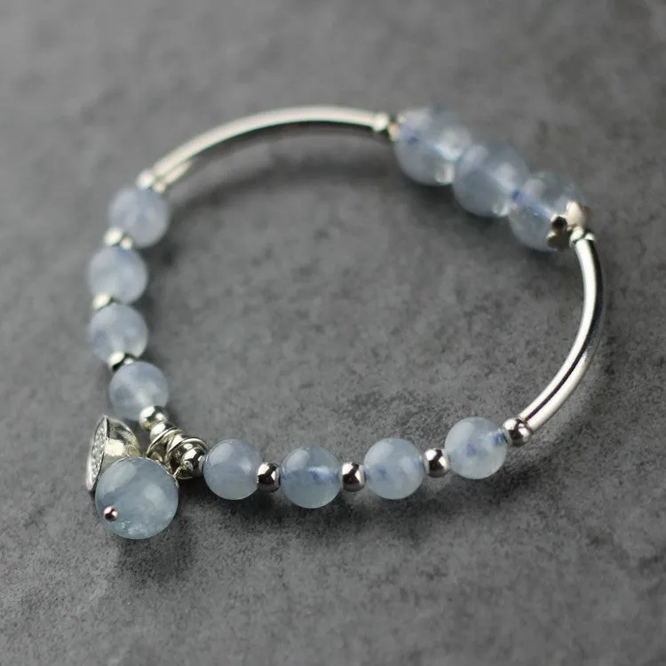 Sterling Silver Aquamarine Beaded Bracelet Handmade Jewelry for Women