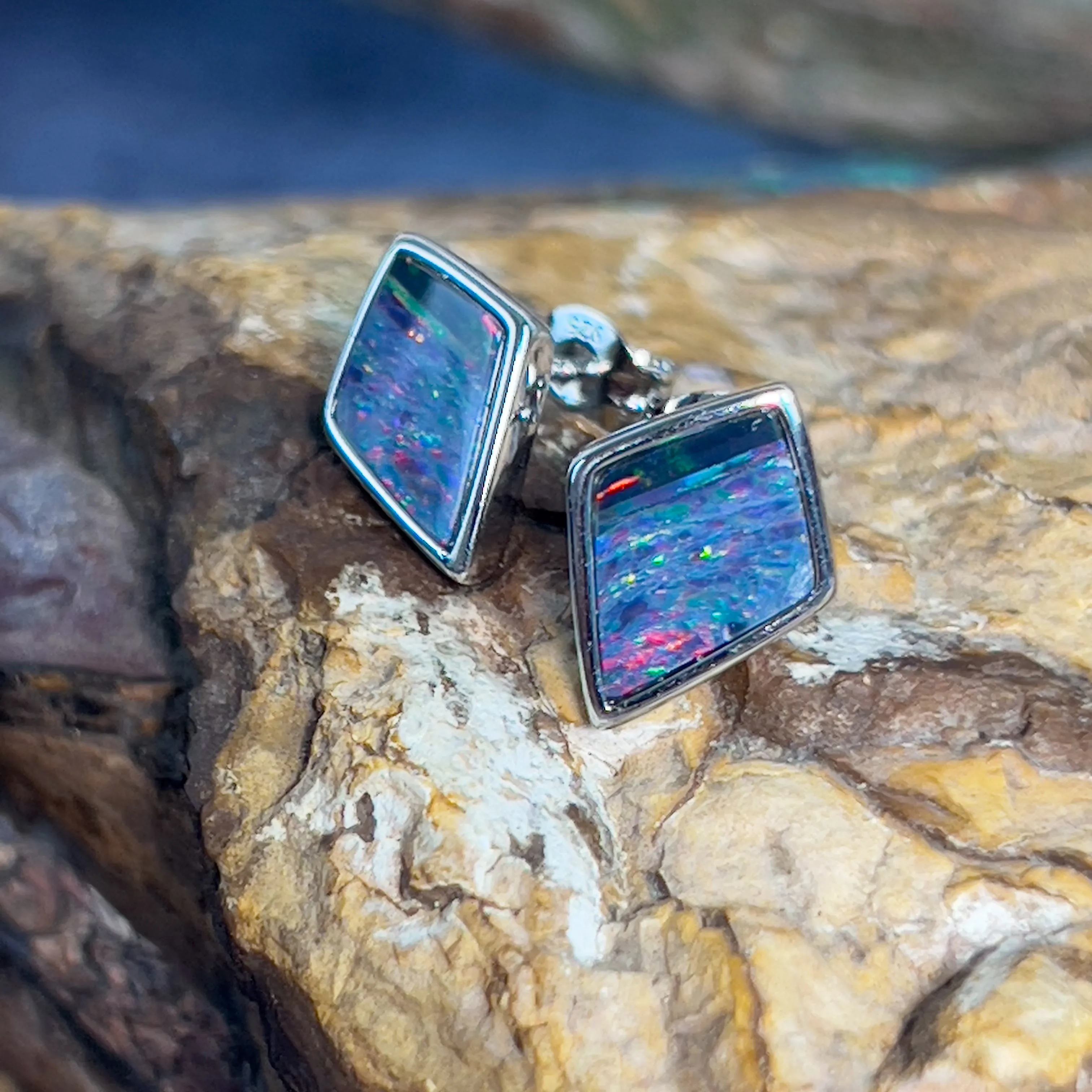 Sterling Silver diamond shape Opal doublet studs