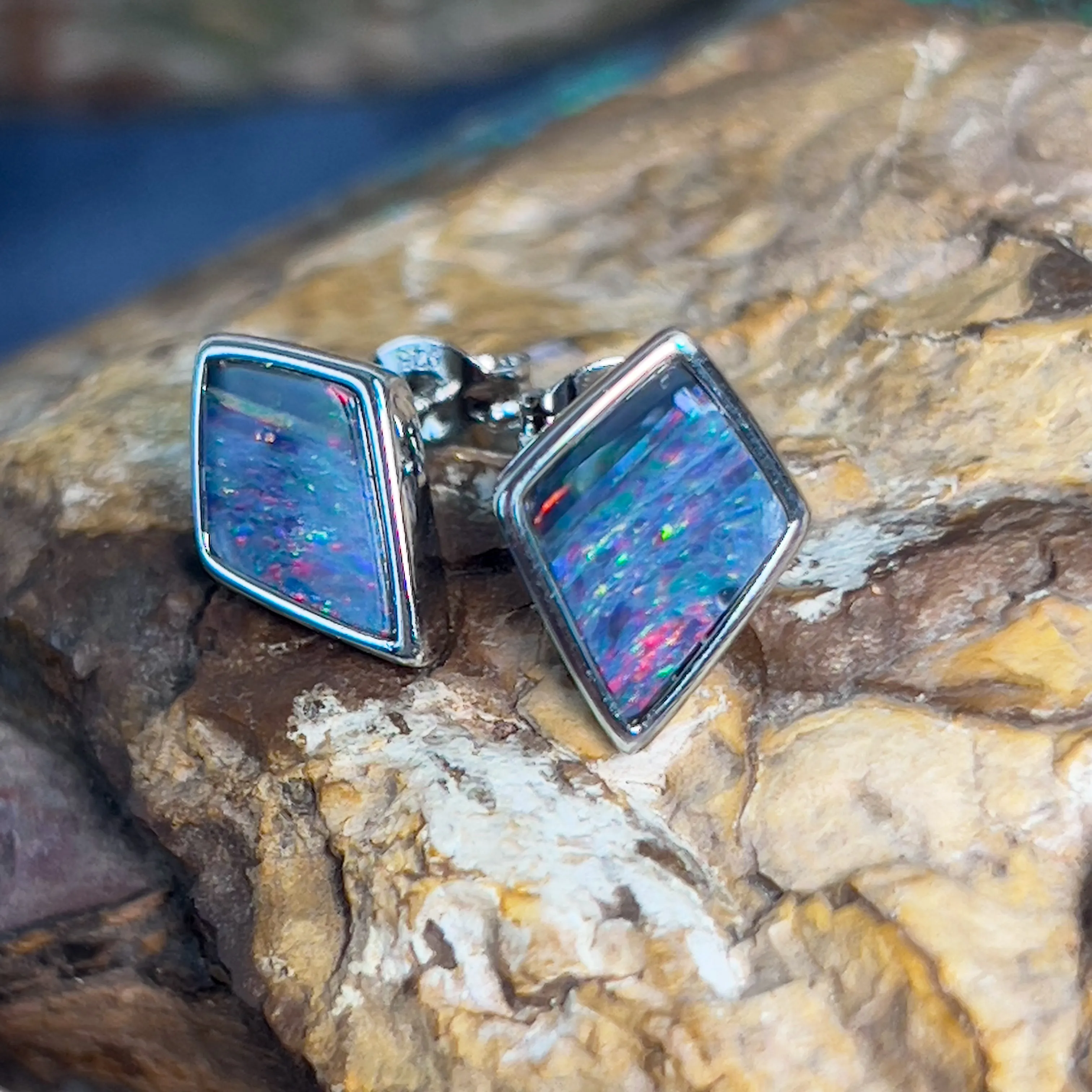 Sterling Silver diamond shape Opal doublet studs