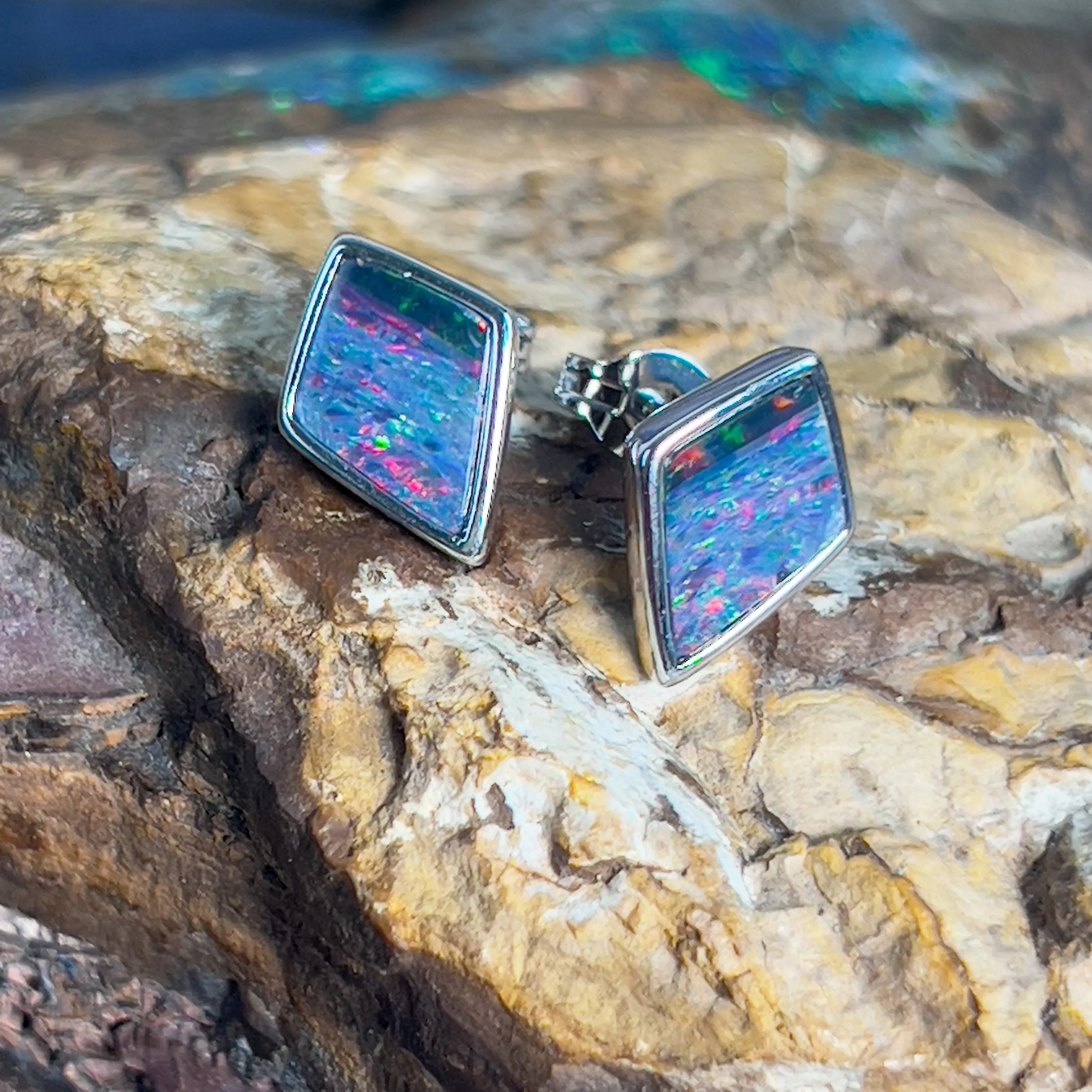 Sterling Silver diamond shape Opal doublet studs