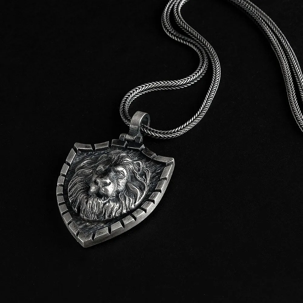 Sterling Silver Lion Head Mens Shield Pendant Necklace with 925 Silver Chain