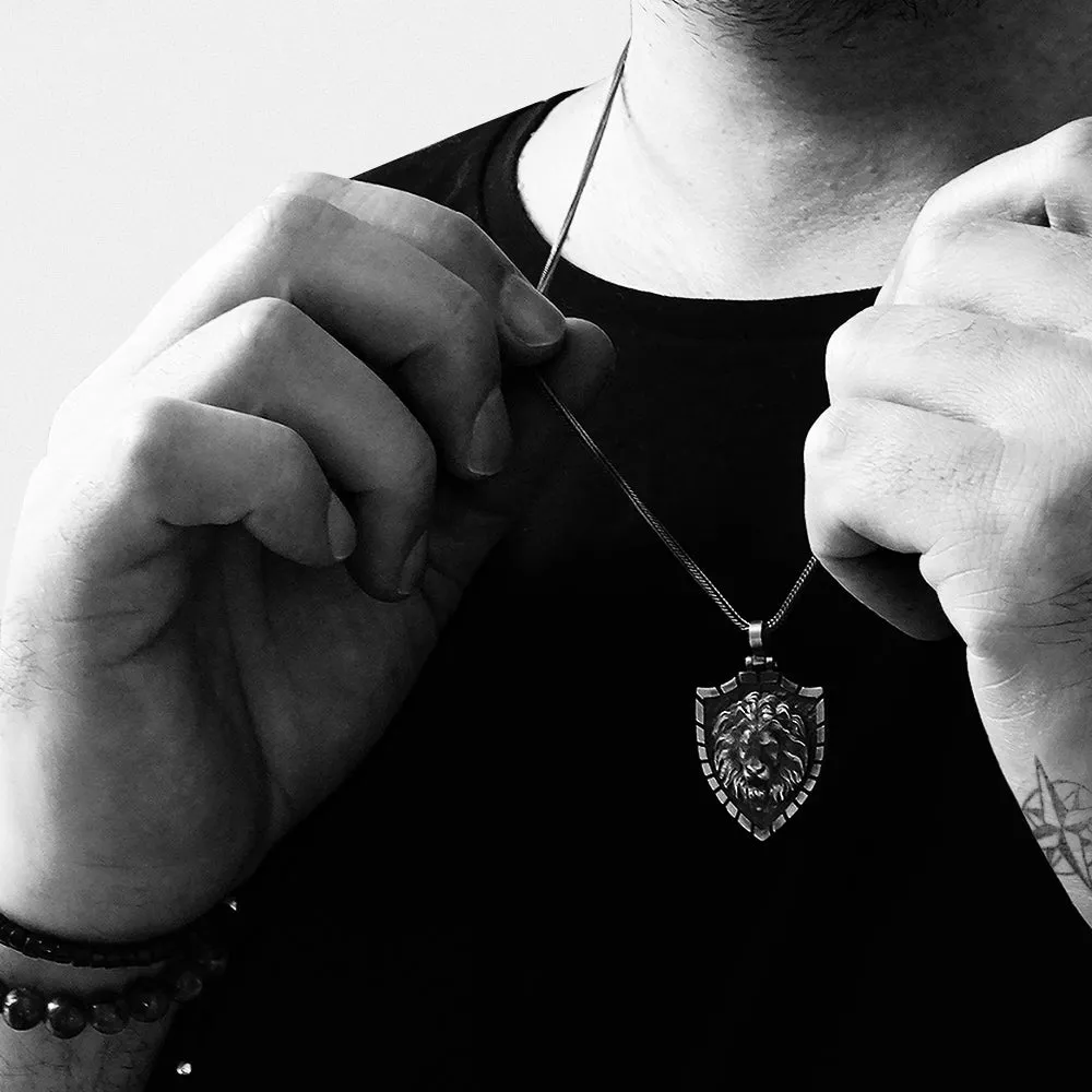 Sterling Silver Lion Head Mens Shield Pendant Necklace with 925 Silver Chain