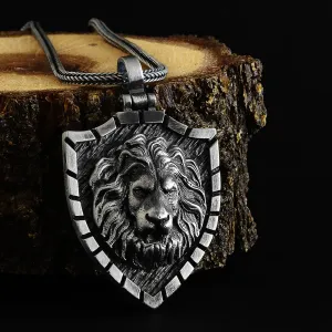 Sterling Silver Lion Head Mens Shield Pendant Necklace with 925 Silver Chain