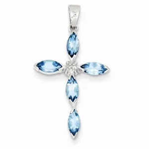 Sterling Silver Rhodium Lt Sw Blue Topaz Cross & Diamond pendant