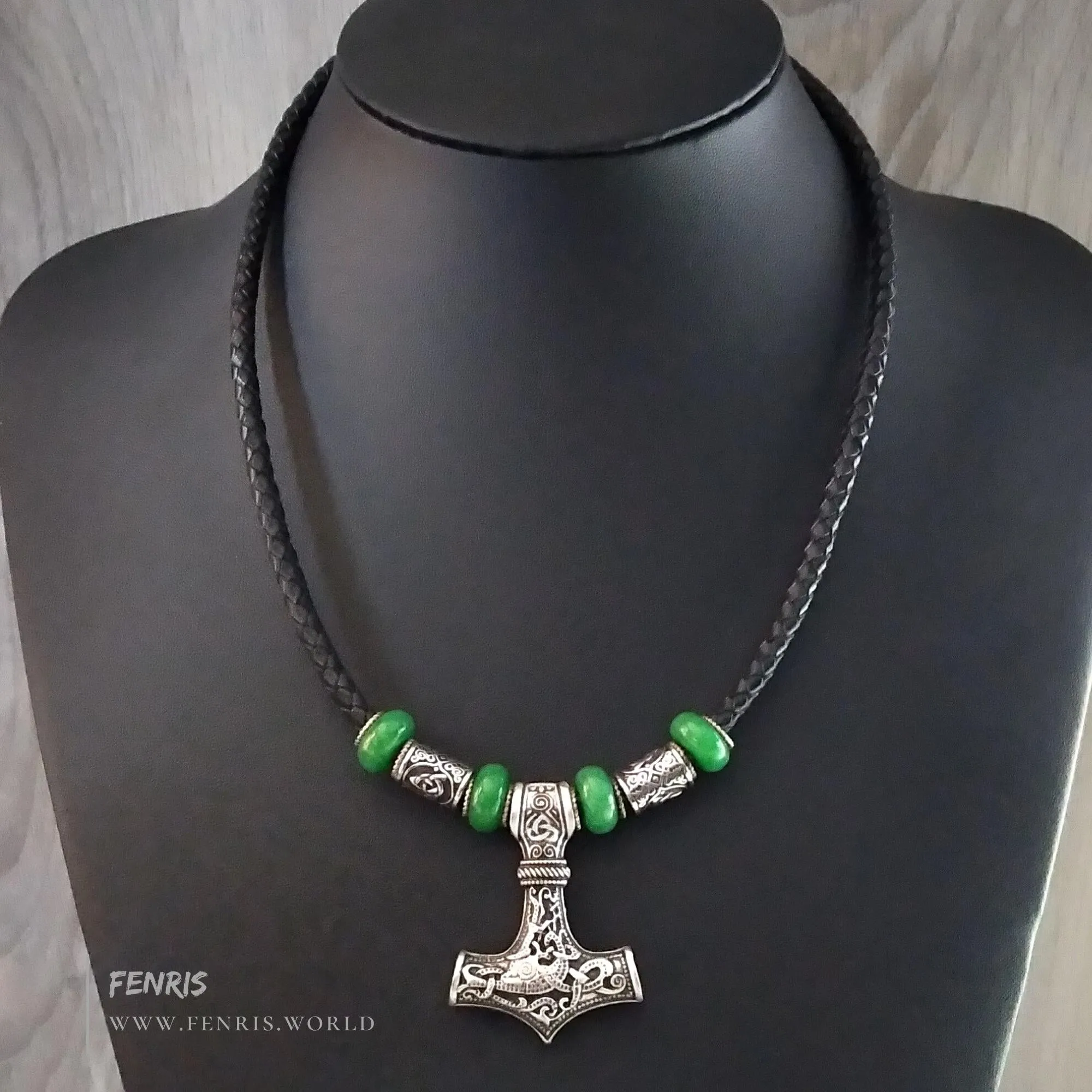 Thor's Hammer Jade Leather Choker Necklace Silver Beads | Fenris