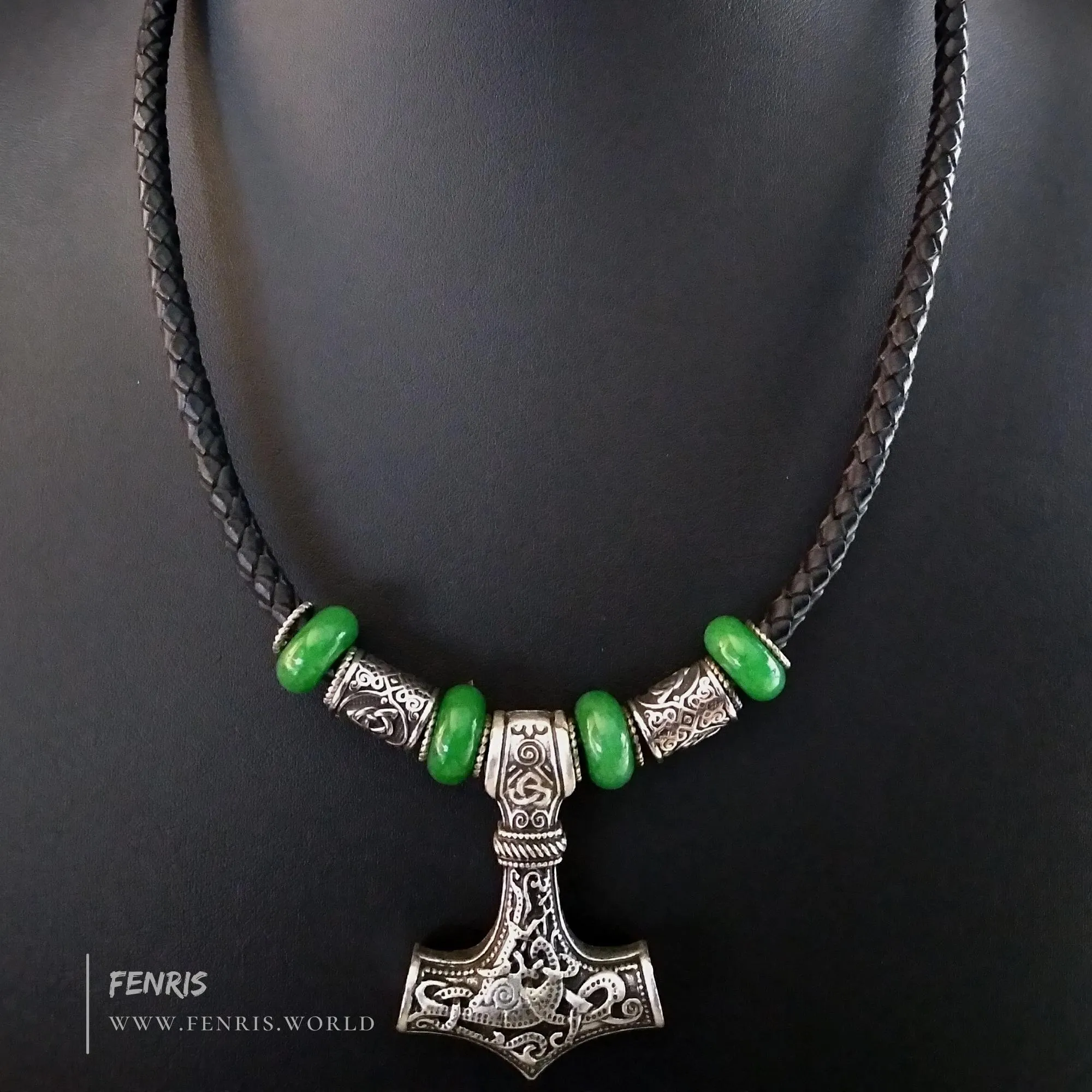 Thor's Hammer Jade Leather Choker Necklace Silver Beads | Fenris