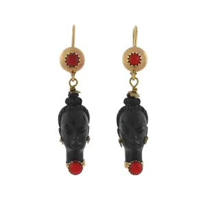 Vintage 10kt Faux Coral   Carved Wood Resin Blackamoor Earrings