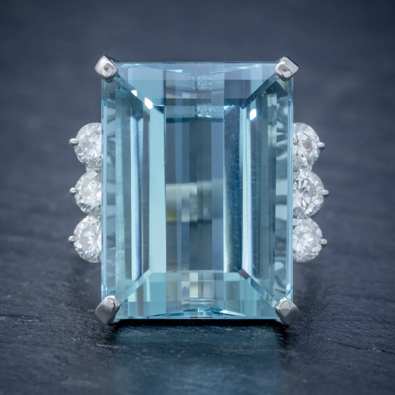 Vintage Aquamarine Diamond Cocktail Ring Platinum 20Ct Emerald Cut Aqua