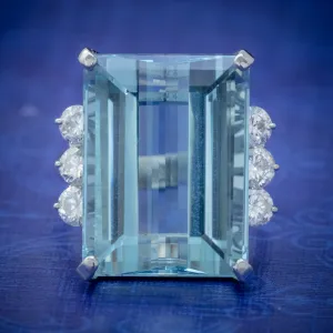 Vintage Aquamarine Diamond Cocktail Ring Platinum 20Ct Emerald Cut Aqua