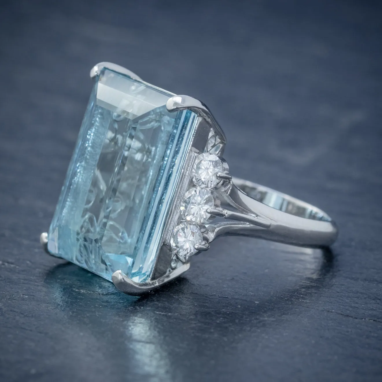 Vintage Aquamarine Diamond Cocktail Ring Platinum 20Ct Emerald Cut Aqua