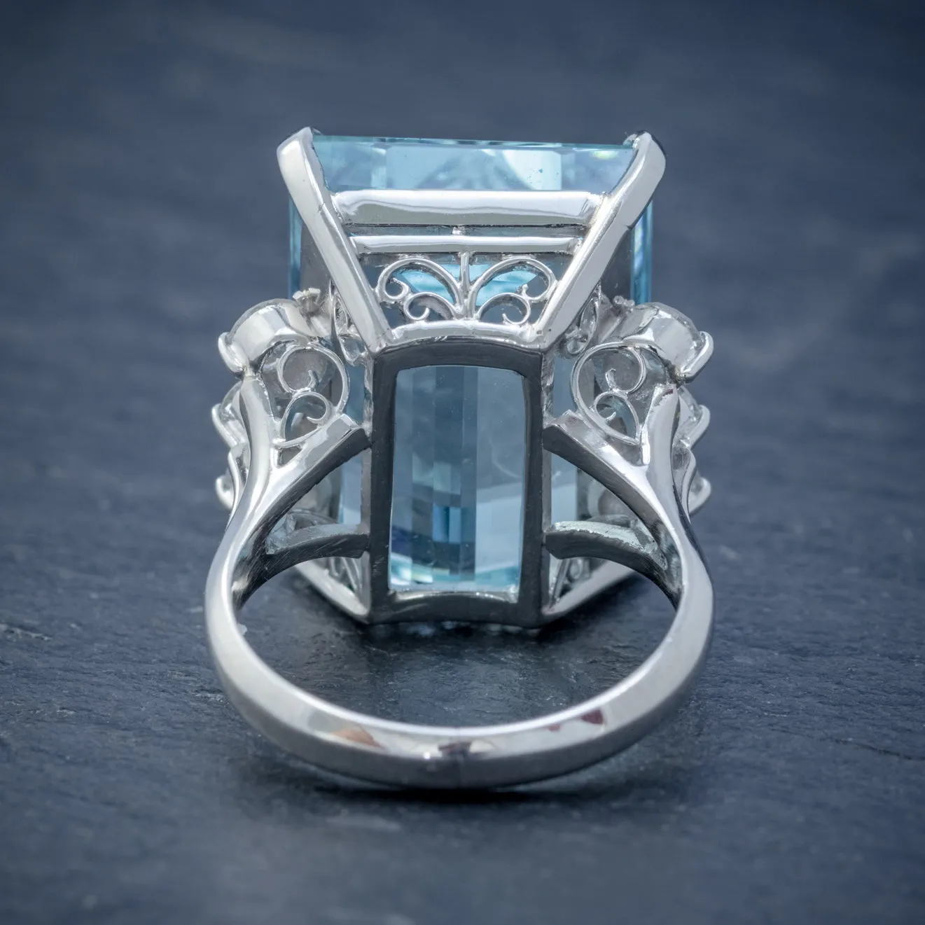 Vintage Aquamarine Diamond Cocktail Ring Platinum 20Ct Emerald Cut Aqua