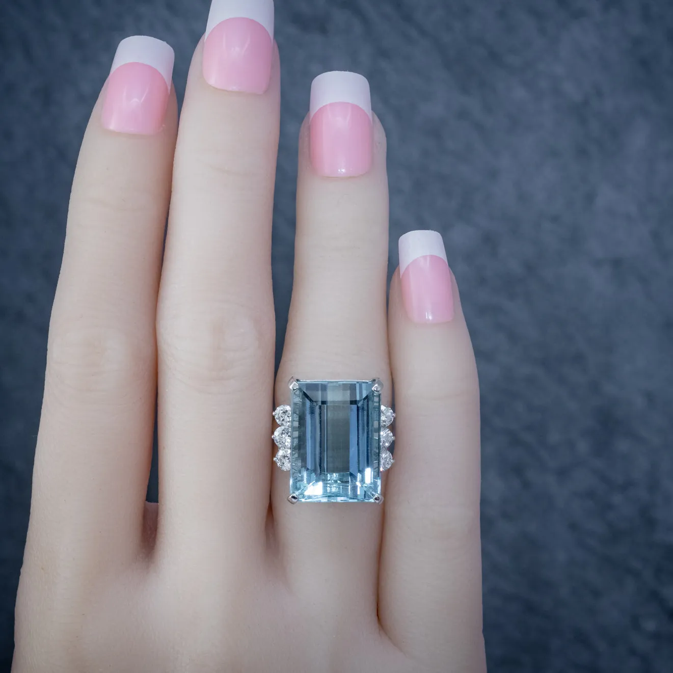 Vintage Aquamarine Diamond Cocktail Ring Platinum 20Ct Emerald Cut Aqua