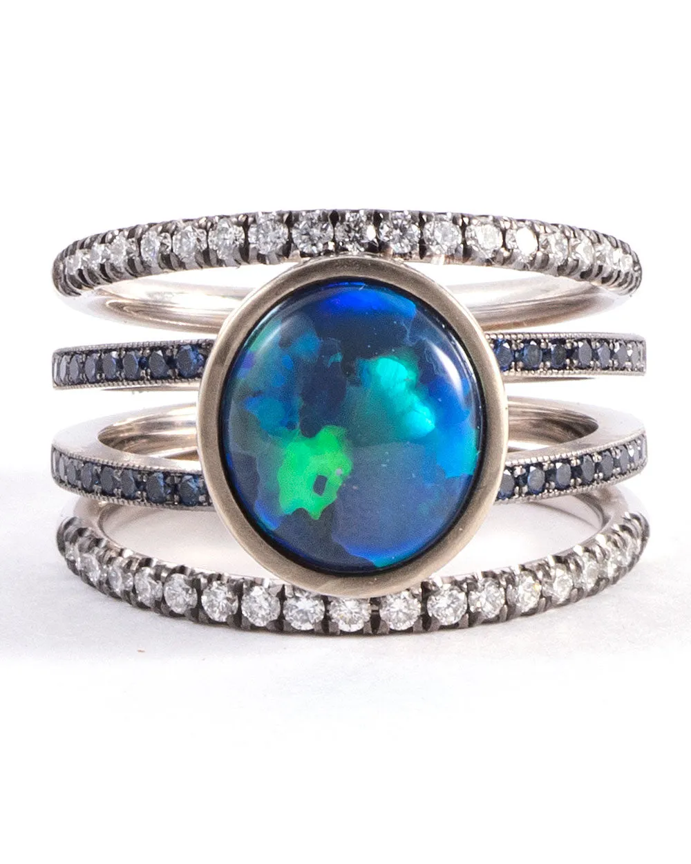 White Gold Opal Sapphire and Diamond Spiral Ring