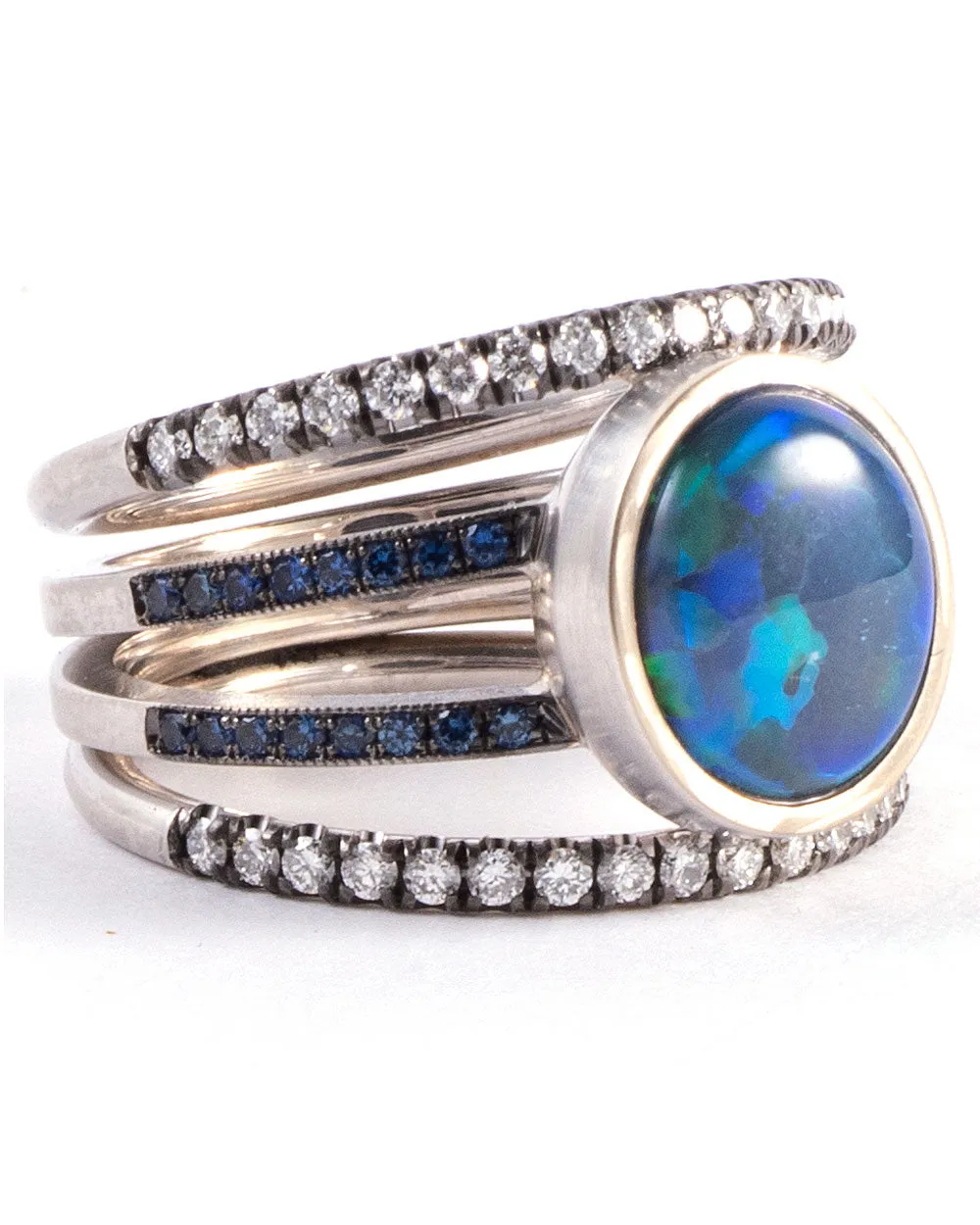 White Gold Opal Sapphire and Diamond Spiral Ring