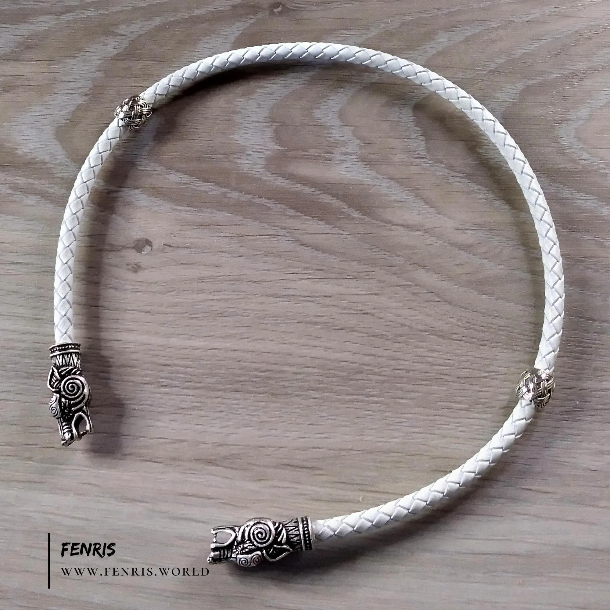 Wolf Torc Necklace White Leather Wedding Silver - Fenris