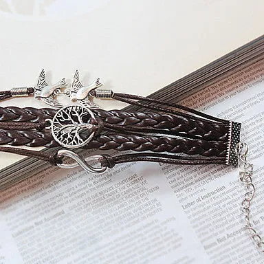 Women's Multilayer Alloy Love Birds Life Tree and Infinity Handmade Leather Bracelet