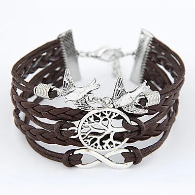 Women's Multilayer Alloy Love Birds Life Tree and Infinity Handmade Leather Bracelet