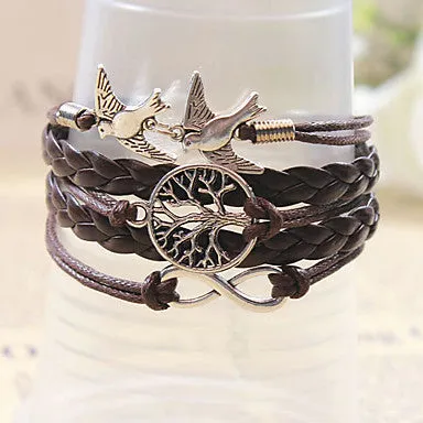 Women's Multilayer Alloy Love Birds Life Tree and Infinity Handmade Leather Bracelet