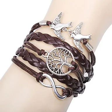 Women's Multilayer Alloy Love Birds Life Tree and Infinity Handmade Leather Bracelet