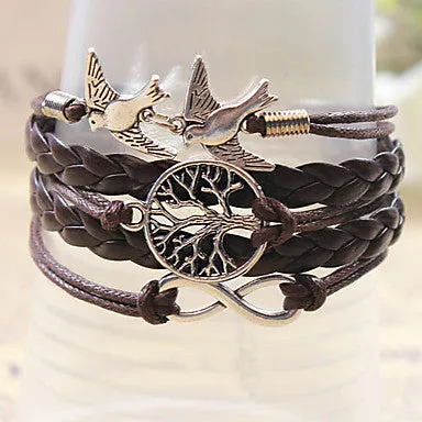 Women's Multilayer Alloy Love Birds Life Tree and Infinity Handmade Leather Bracelet